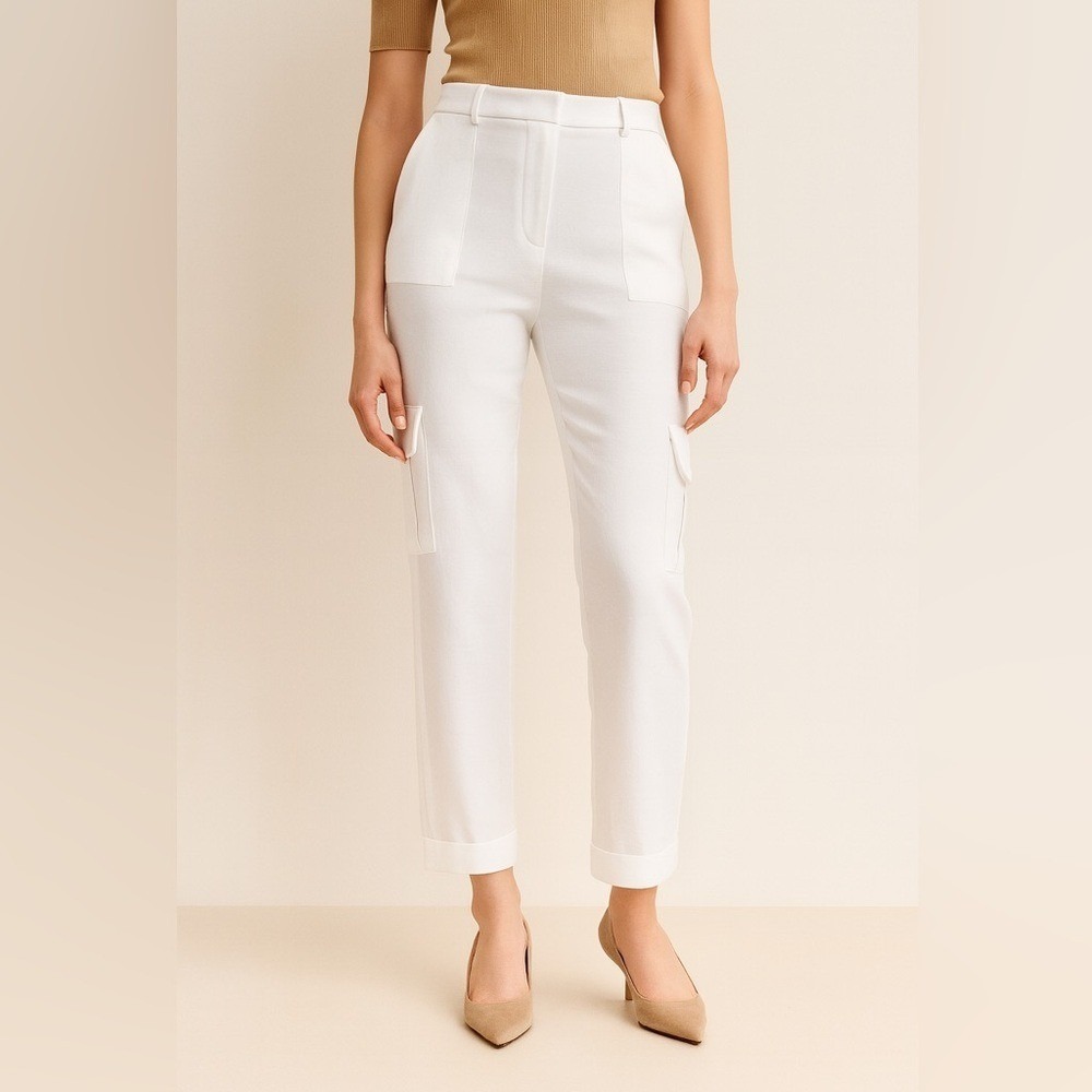 Anne Fontaine White 100% Linen Cargo Pants Straight Leg Luxury Trouser Size 40